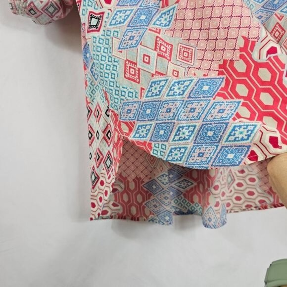 Talbots Geometric Button Up Blouse 2XP Multicolor Patchwork Roll Tab Sleeves NWT - Picture 8 of 10